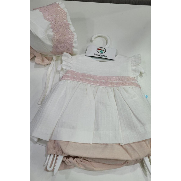 VESTIDO+BRAGA+GORRO BEIG PUNTILLA ROSA