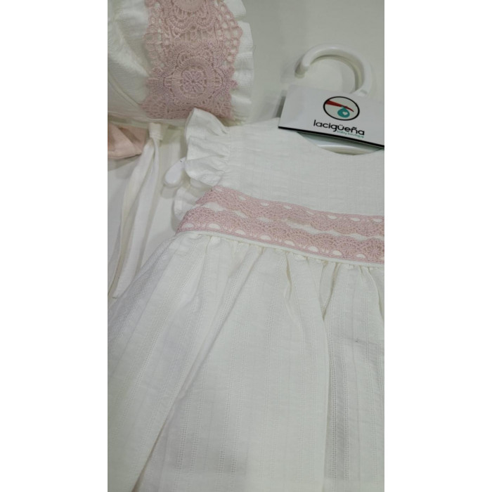 VESTIDO+BRAGA+GORRO BEIG PUNTILLA ROSA