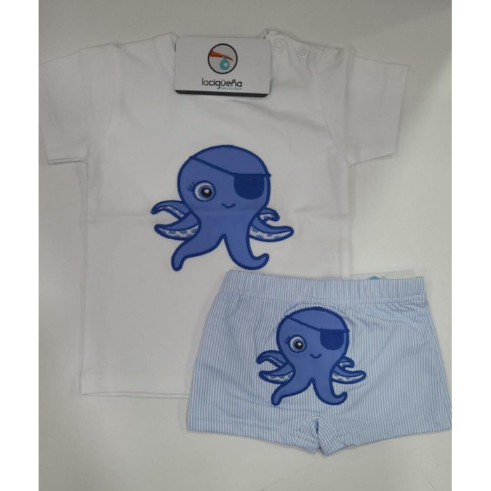 CAMISETA M/C+BAÑADOR PULPO CELESTE