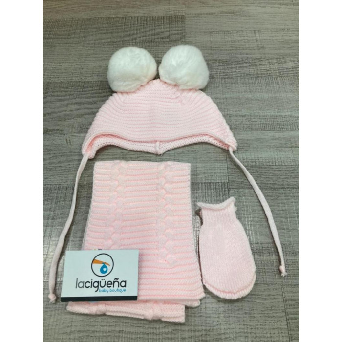 GORRO+BUFANDA+MANOPLAS 2 POM POM ROSA