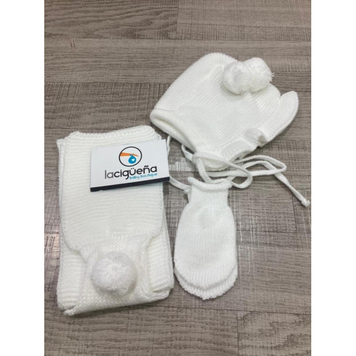 GORRO+BUFANDA+MANOPLAS POMPOM BLANCO