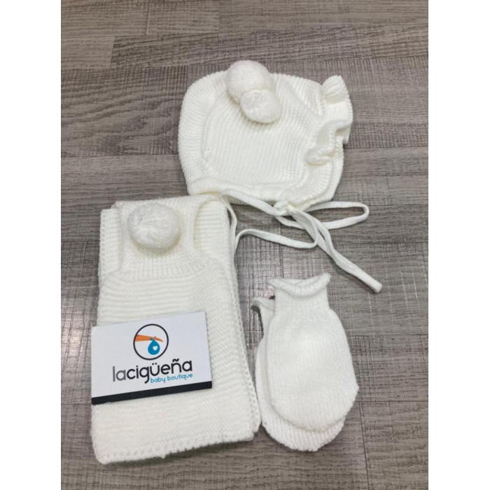 GORRO+BUFANDA+MANOPLAS POMPOM BEIG