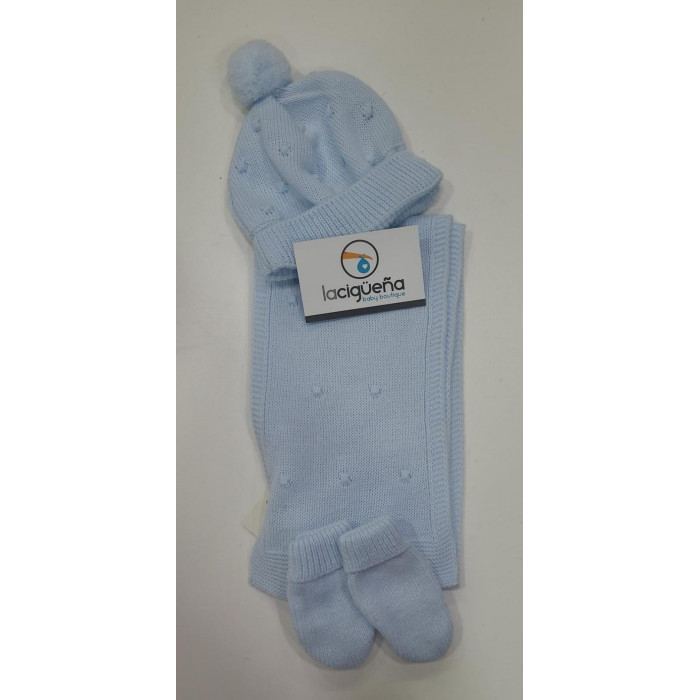 GORRO+BUFANDA+MANOPLAS BODOQUES CELESTE
