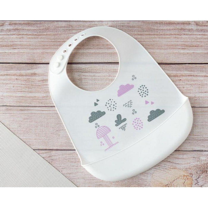 BABERO SILICONA BLANCO NUBES GRIS MORADO