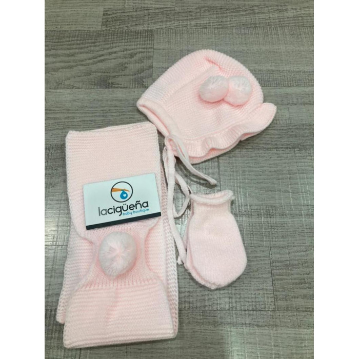 GORRO+BUFANDA+MANOPLAS POMPOM ROSA