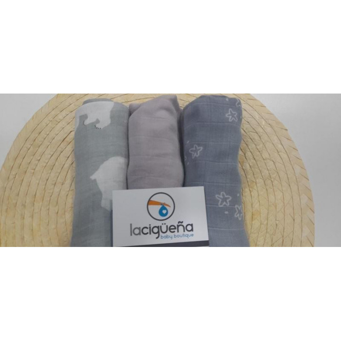 PACK 3 GASAS LISO AZUL GRISACEO