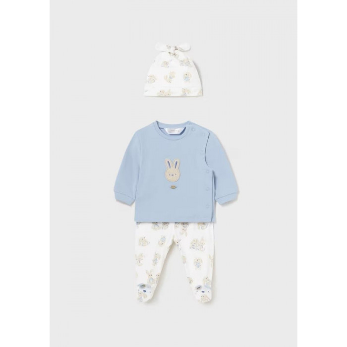 CONJUNTO ALGODON CON GORRO CONEJOS AZUL